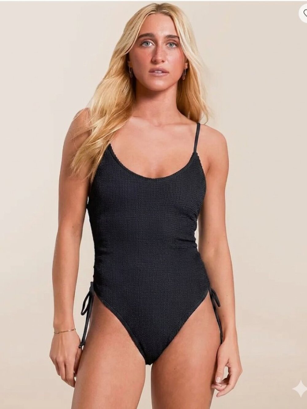 NWT Cyn & Luca Ribbed Textured Black One Piece Swimsuit Side Ties Small